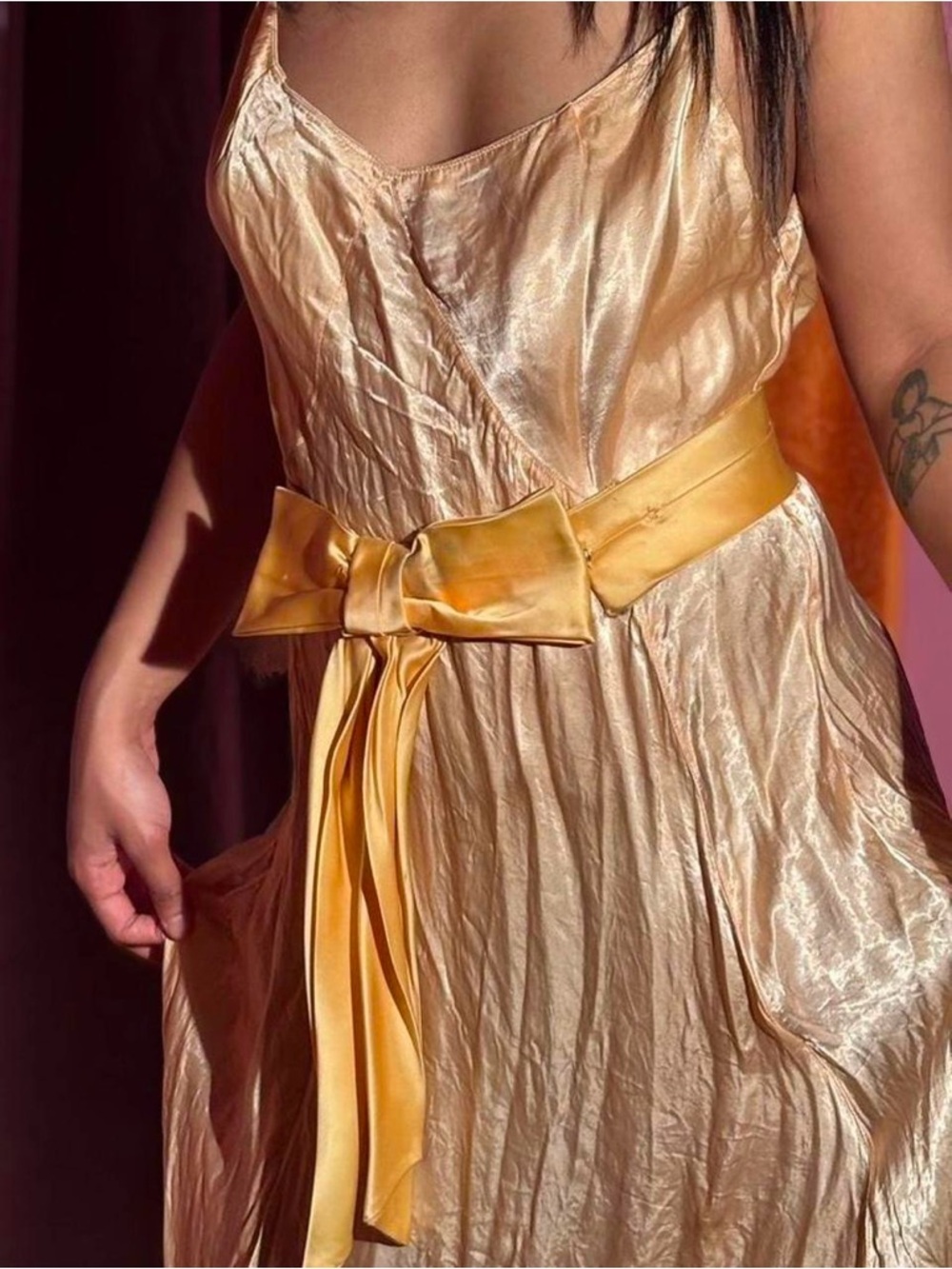 40s/50s Golden Yellow Satin Costume Bow Belt w/ Snap Closure, As-Is, Size M